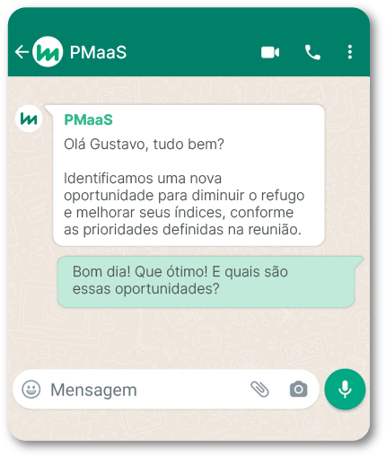 Suporte PMaaS do LiveMES com conversa real entre engenheiro da equipe e cliente sobre redução de perdas na produção